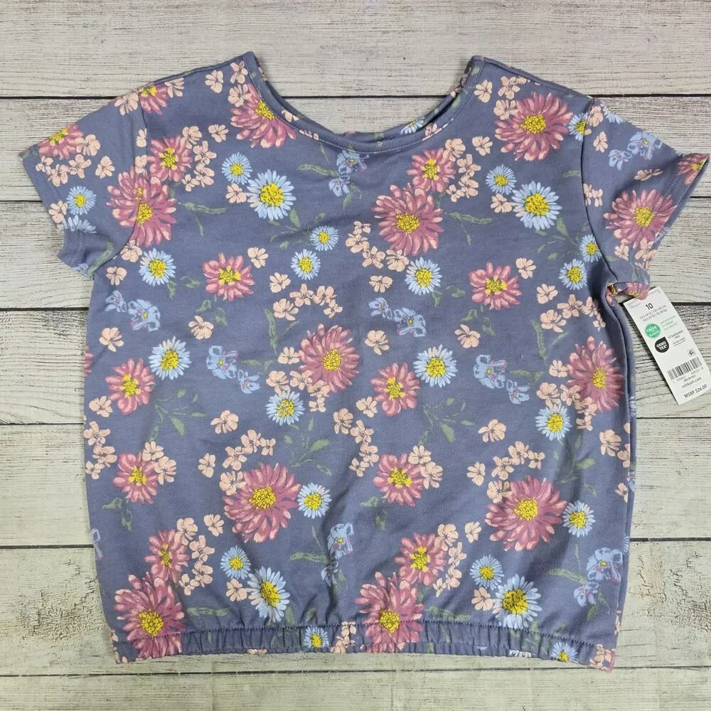 OshKosh B'gosh Kids Girls Blue Floral Short Sleeve Shirt Elastic Bottom 10 NWT